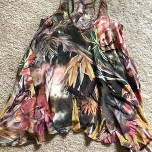 Floral Hummingbird Print Silk Summer Tank Top